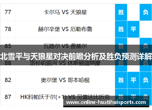 北雪平与天狼星对决前瞻分析及胜负预测详解